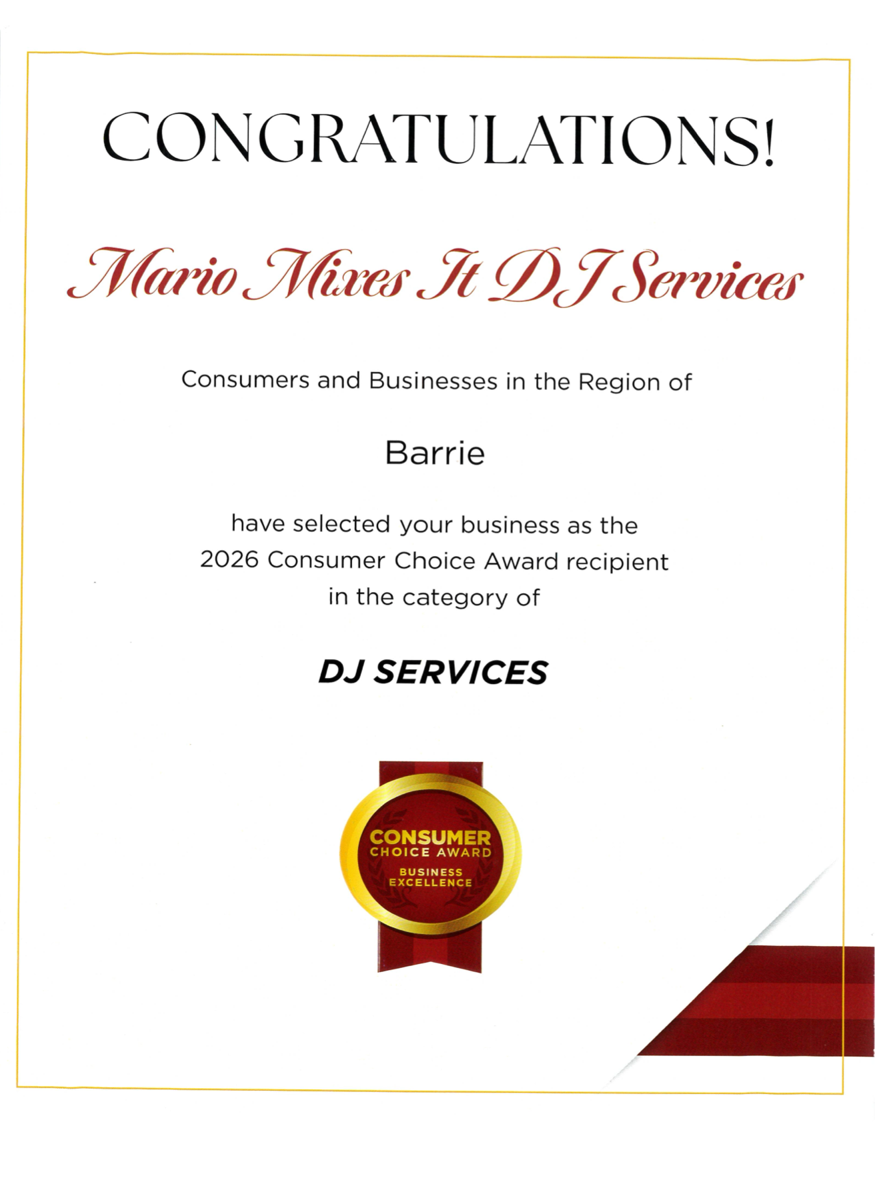 2026 Consumer Choice Award certificate recognizing Mario Mixes It DJ Services in Barrie